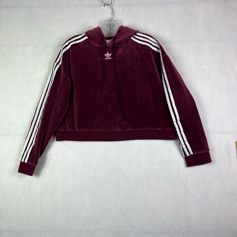 adidas Originals Cropped Velour Hoodie in Maroon/Burgundy Sz S - Picture 4 of 12